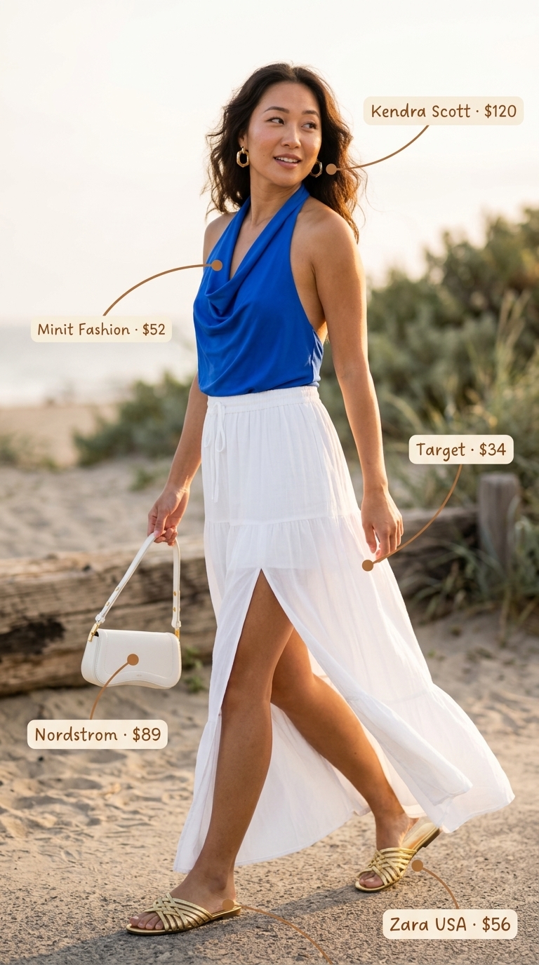 Boho Summer Halter Top Outfits 2026: Riviera Glamour Boho summer halter top outfits 2026: Cobalt blue satin halter top with white maxi skirt for summer dinners.