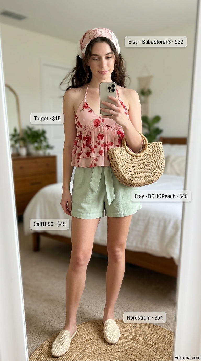 Boho Summer Halter Top Outfits 2026: Picnic Perfect Boho summer halter top outfits 2026: Blush pink floral halter top with sage green paperbag shorts for picnics.