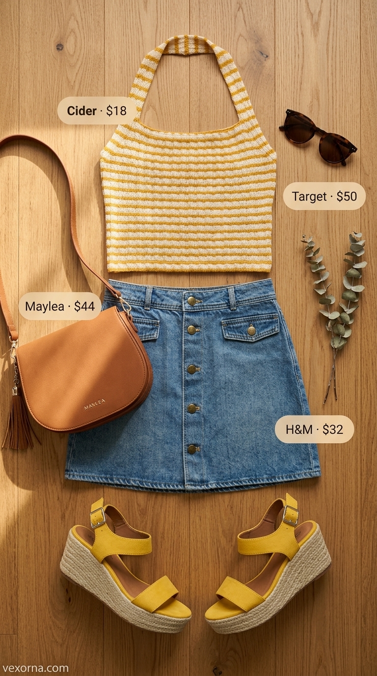 Boho Summer Halter Top Outfits 2026: Retro Road Trip Boho summer halter top outfits 2026: Mustard yellow striped halter top with denim mini skirt, espadrilles, and saddle bag.