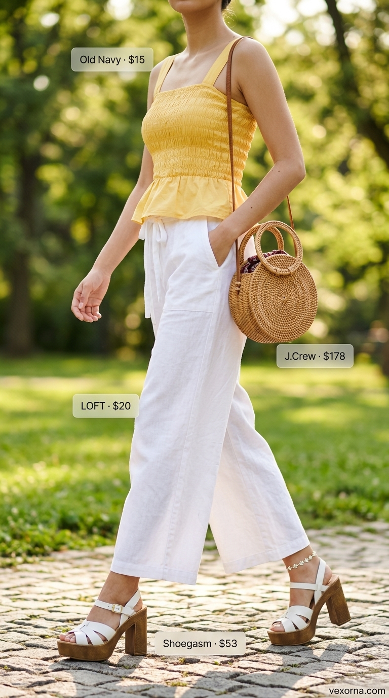 Boho Summer Halter Top Outfits 2026: Sunny Picnic Boho summer halter top outfits 2026: Yellow smocked halter top with white linen pants for a park picnic.