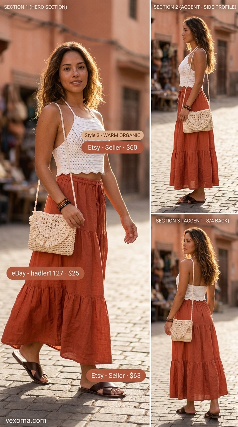 Boho Summer Halter Top Outfits 2026: Maxi Skirt Style Boho summer halter top outfits 2026: Cream crochet halter top with terracotta maxi skirt, brown sandals, and straw bag.