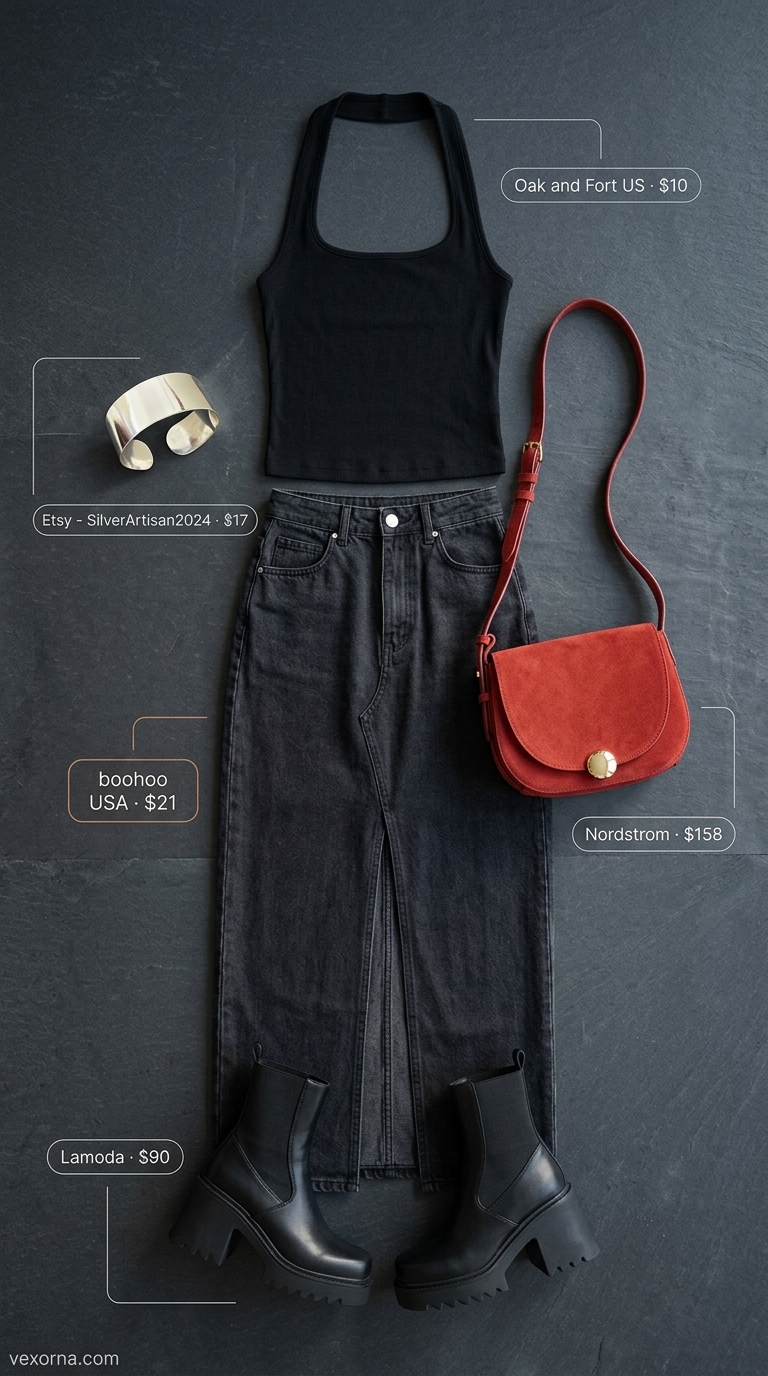 Boho Summer Halter Top Outfits 2026: Urban Edge Boho summer halter top outfits 2026: Charcoal knit halter top with black denim maxi skirt for city exploration.