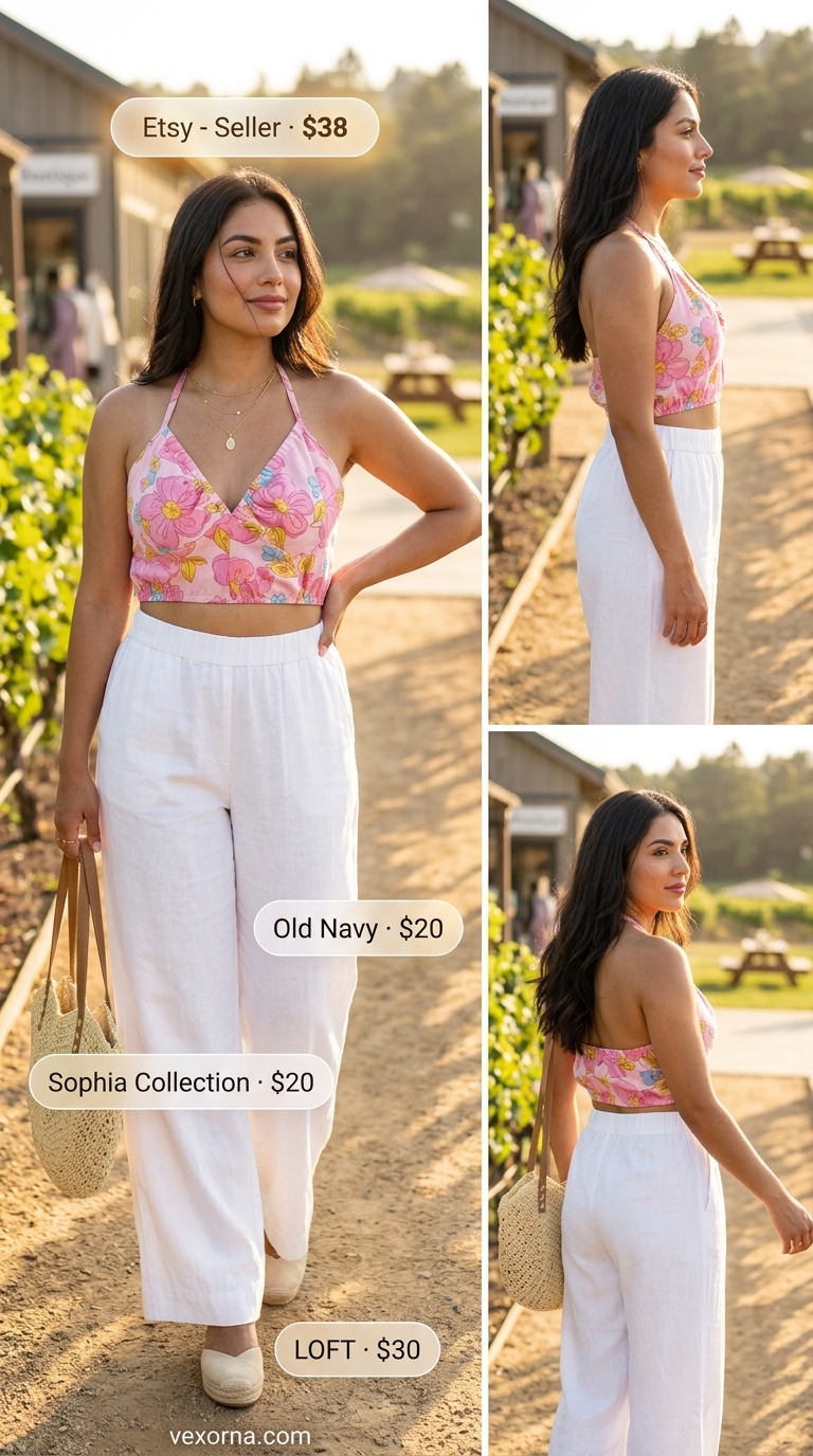 Boho Summer Halter Top Outfits 2026: Vineyard Dream Boho summer halter top outfits 2026: Soft pink floral halter top with white linen pants for vineyard visits.