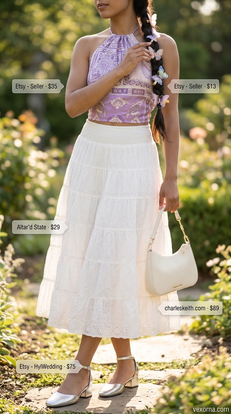 Boho Summer Halter Top Outfits 2026: Garden Party Boho summer halter top outfits 2026: Lavender paisley halter top with ecru tiered midi skirt for garden parties.