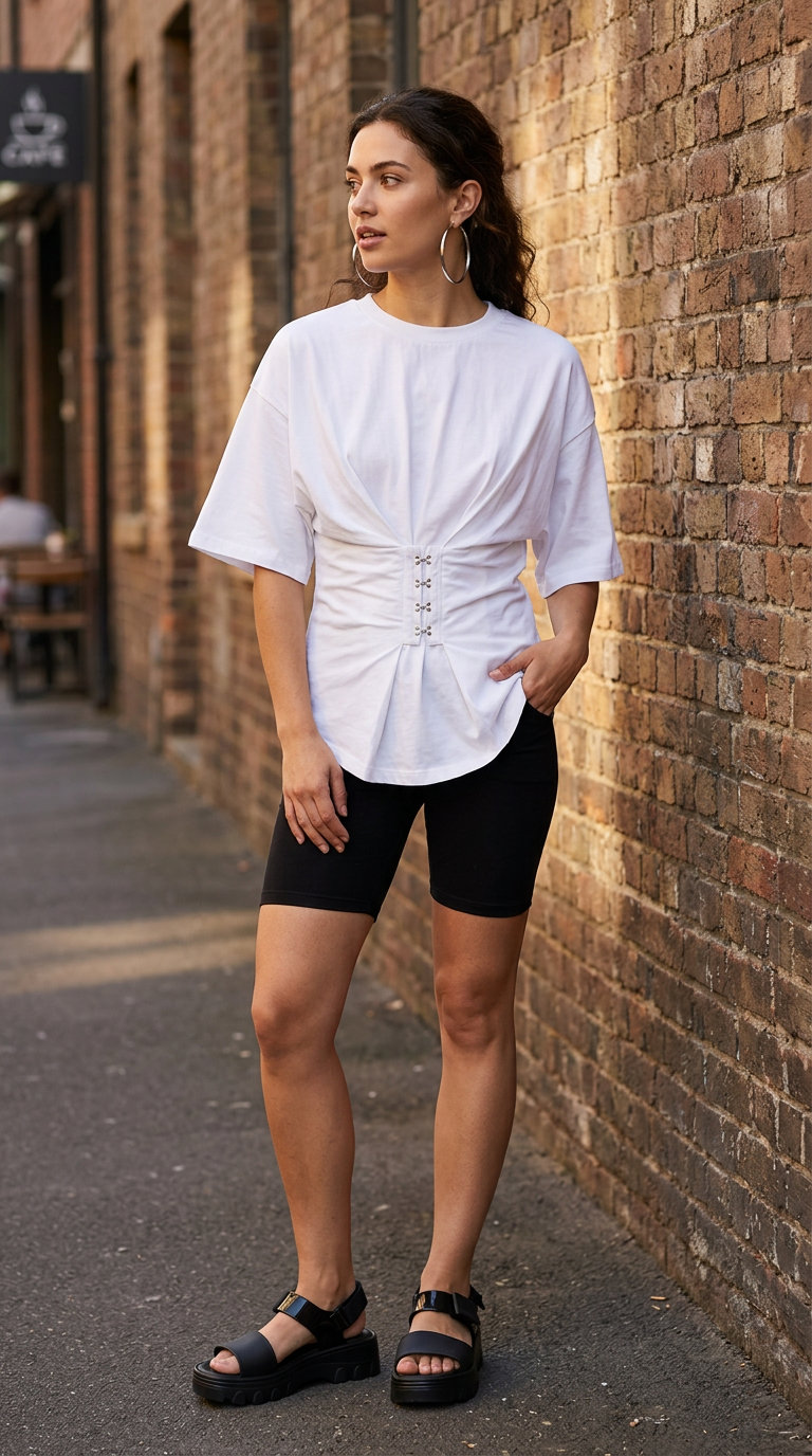 Experimental Corset Edge Casual Biker Shorts Outfits Summer 2026 Bold casual biker shorts outfits summer for women 2026. An edgy ensemble with an oversized white tee cinched by a black leather corset belt, forest green biker shorts, chunky black platform sandals, and large silver hoop earrings, ideal for a night out.