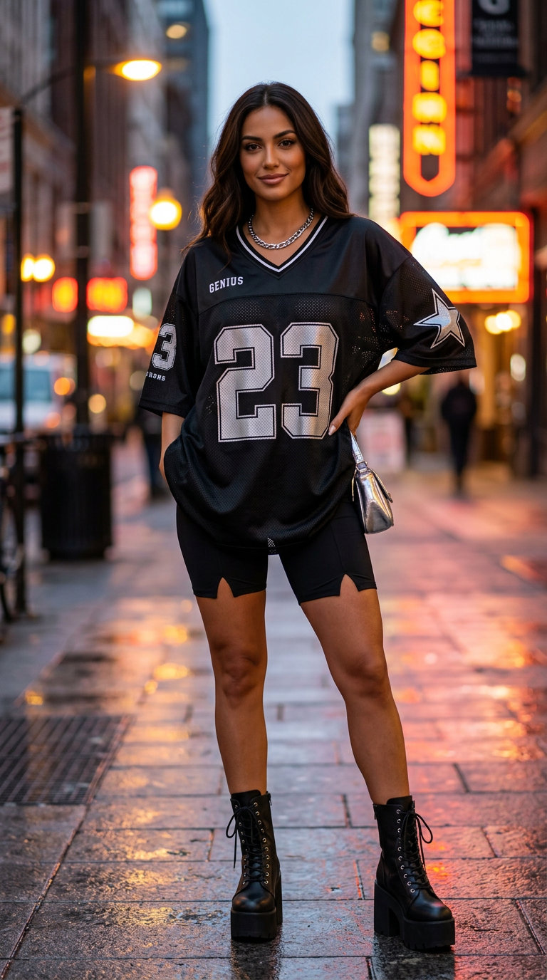 Edgy Sheer Play Casual Biker Shorts Outfits Summer 2026 Edgy casual biker shorts outfits summer for women 2026. A bold street style look with an oversized black mesh jersey over matte black compression biker shorts, chunky platform combat boots, and a silver chain necklace, great for a festival.