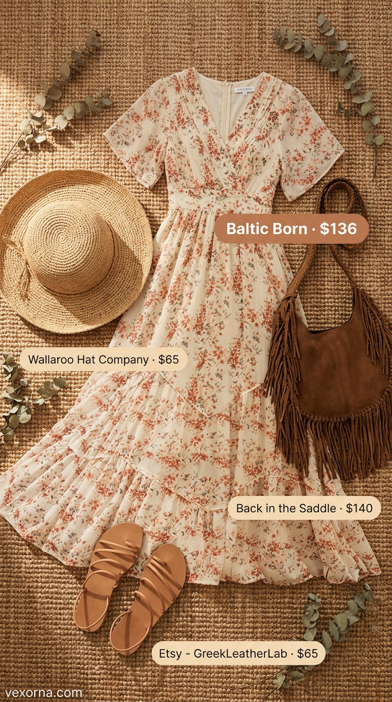 Casual Friday summer outfits for women 2026: Bohemian maxi dress, straw hat, leather sandals.