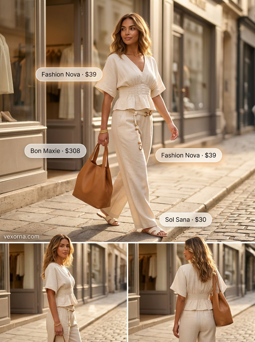 Casual Friday summer outfits for women 2026: Beige linen matching set, tan tote, cream slides.