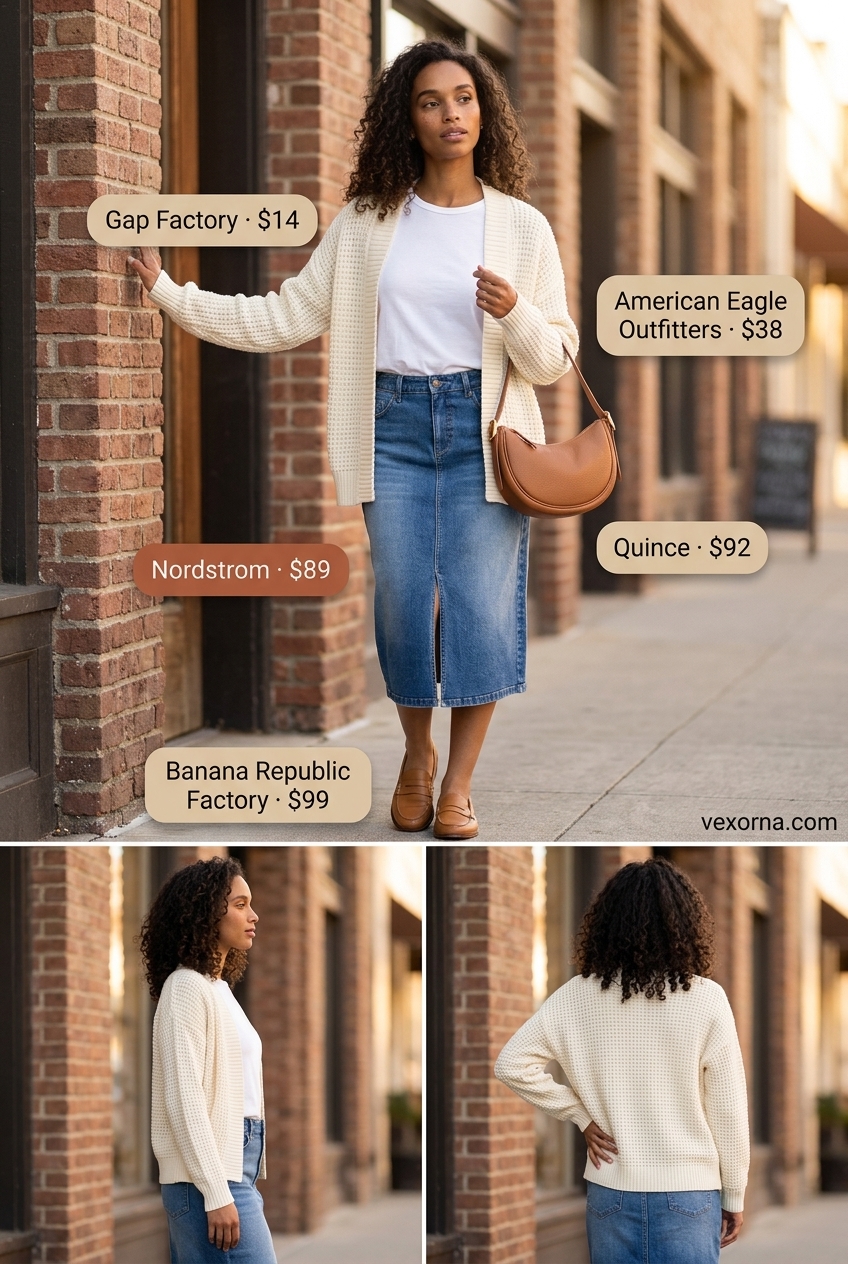 Casual Friday summer outfits for women 2026: Denim midi skirt, white tee, cardigan, loafers.