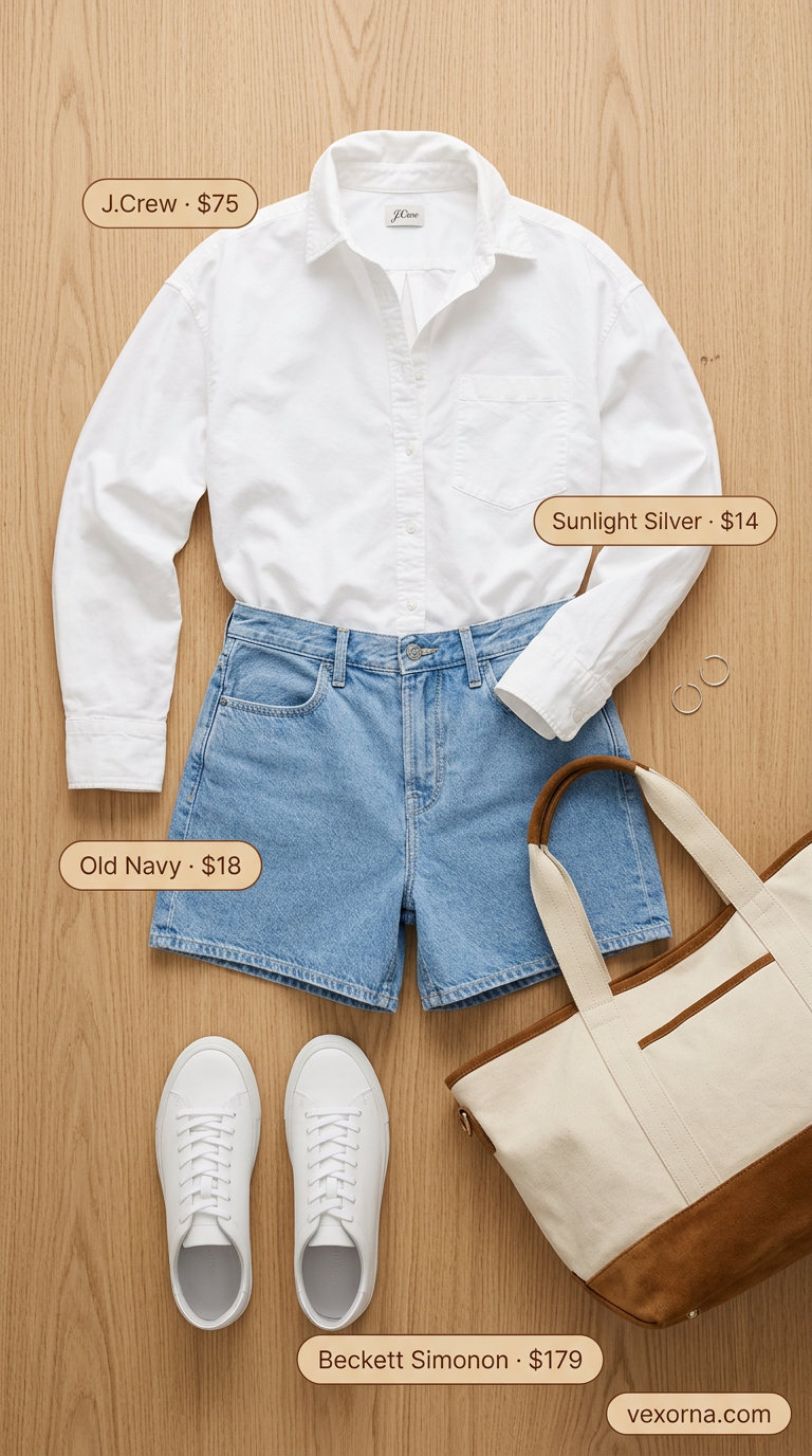 Casual Friday summer outfits for women 2026: Denim shorts, oversized shirt, fashion sneakers.