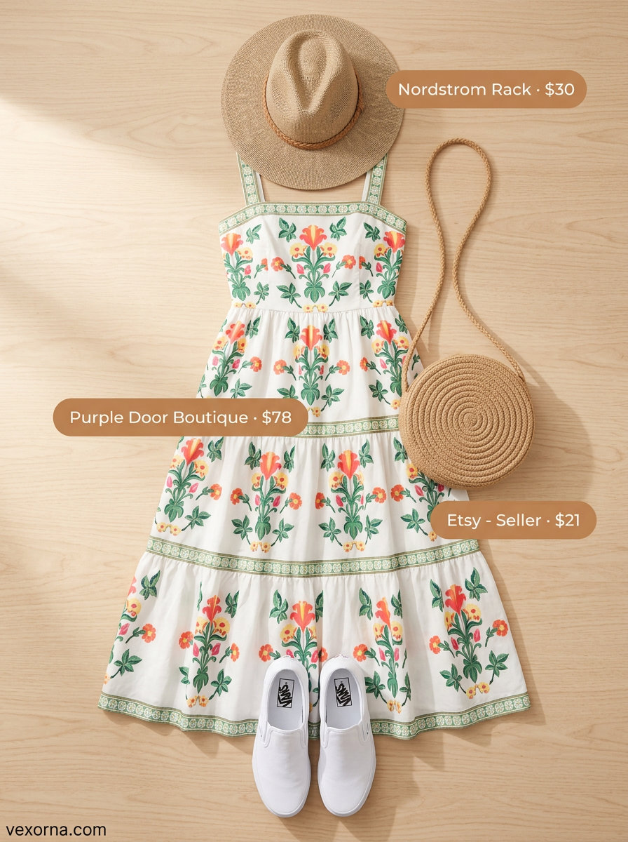 Casual Friday summer outfits for women 2026: Floral midi dress, straw hat, slip-on sneakers.
