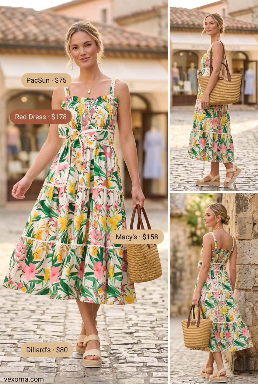 Casual Friday summer outfits for women 2026: Floral sundress, espadrilles, straw tote.
