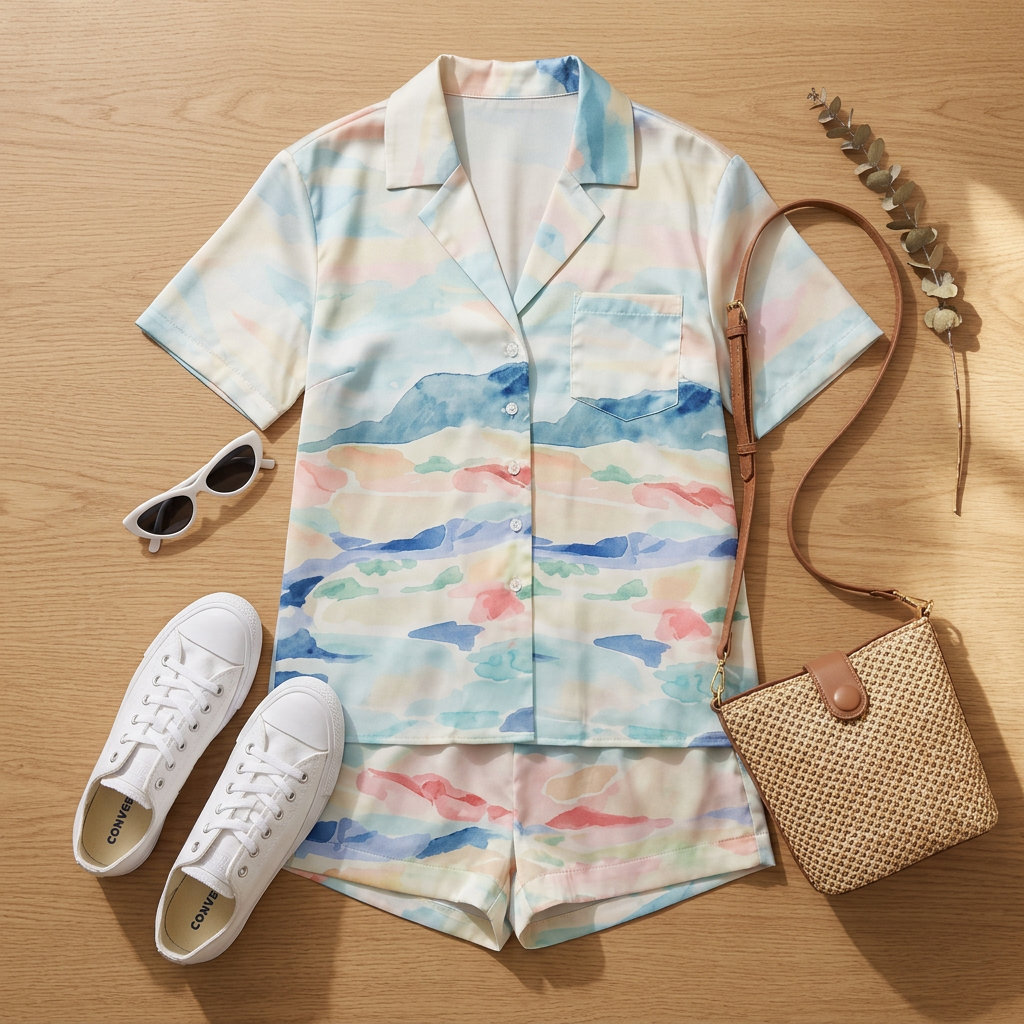 Casual Friday summer outfits for women 2026: Retro print shorts set, white sneakers, straw bag.