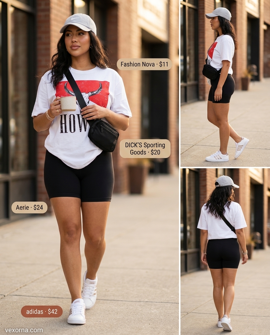 Casual Friday summer outfits for women 2026: Biker shorts, graphic tee, belt bag, sneakers.