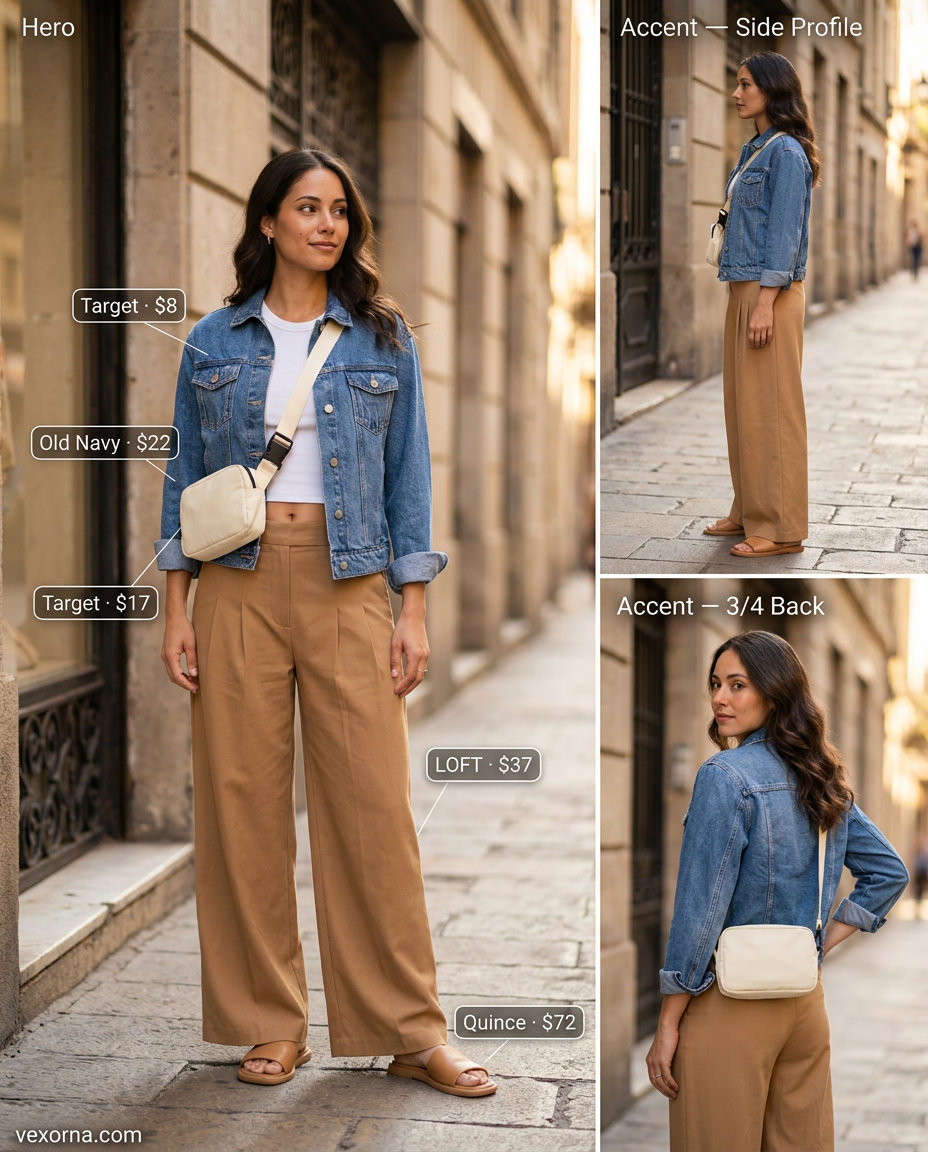 Casual Friday summer outfits for women 2026: Khaki wide-leg pants, white tank, denim jacket, tan slides.