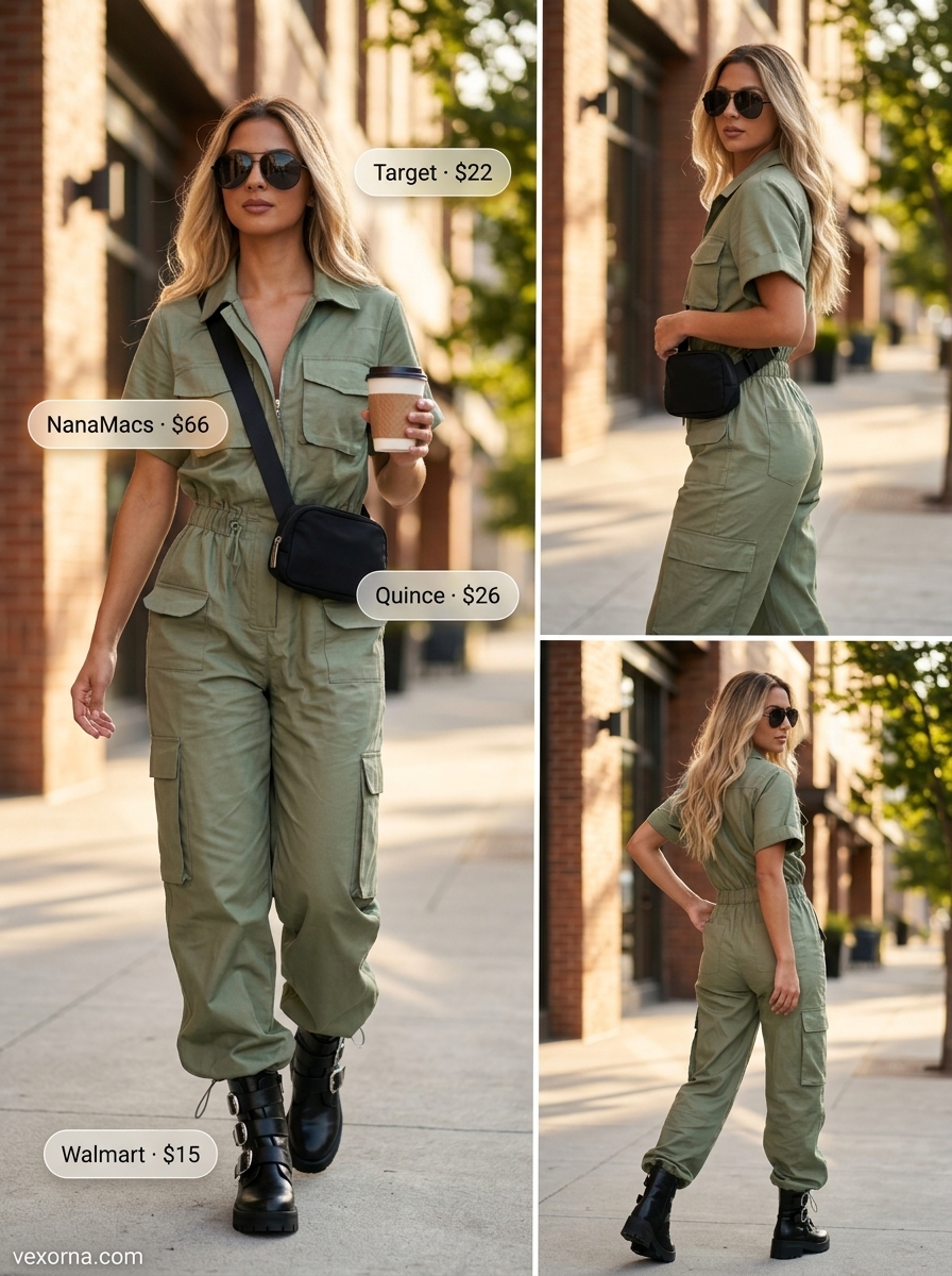 Casual Friday summer outfits for women 2026: Olive green utility jumpsuit, combat boots, belt bag.