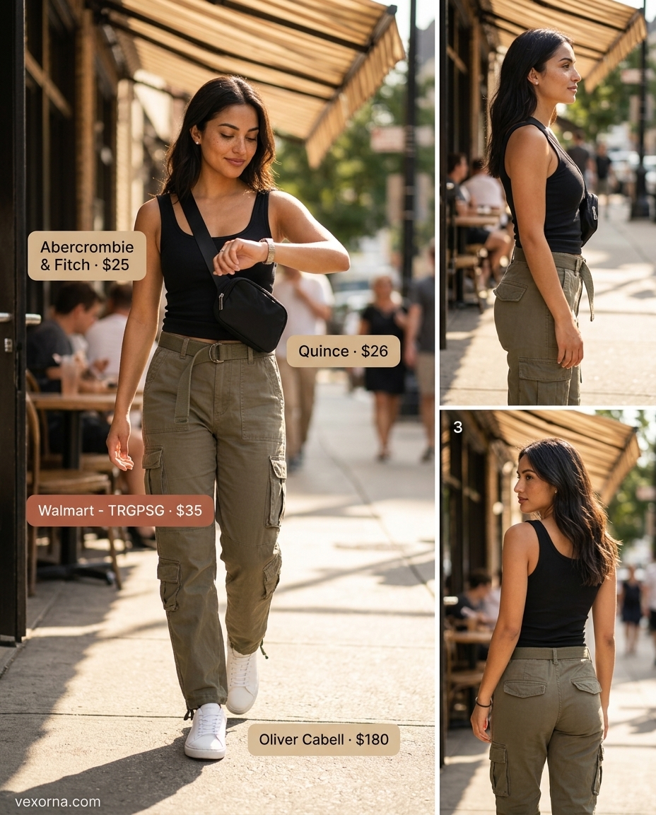 Casual Friday summer outfits for women 2026: Khaki cargo pants, black tank, white sneakers, black belt bag. Utilitarian cool.