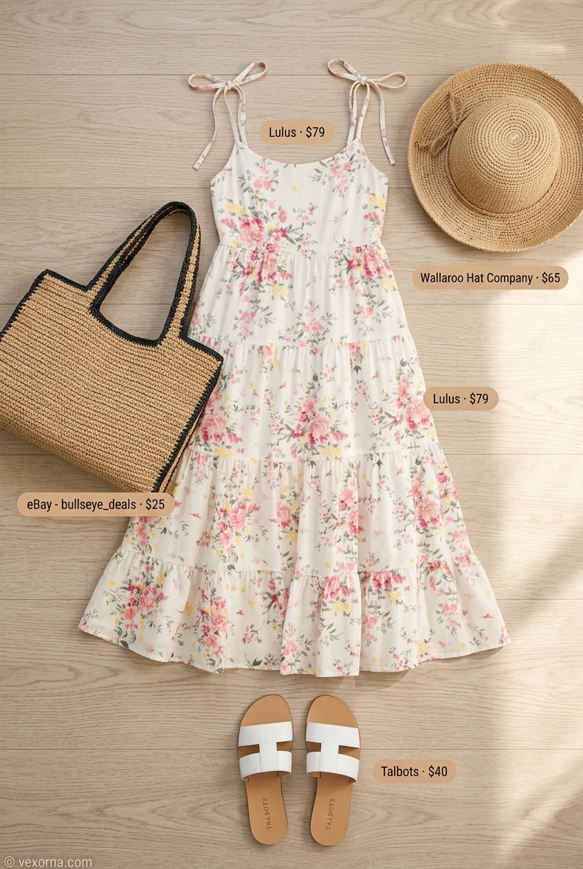 Casual Friday summer outfits for women 2026: Pastel floral midi dress, straw hat, straw tote, white slides. Sunny day vibe.