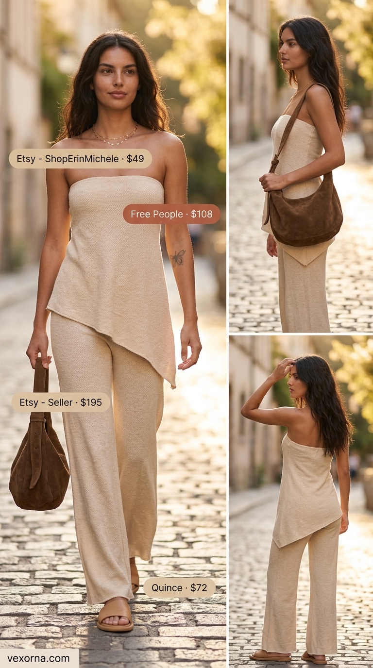 Casual Friday summer outfits for women 2026: Cream knit set, tan slides, beige hobo bag, layered gold necklaces. Cozy chic.