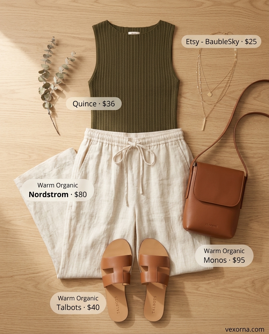 Casual Friday summer outfits for women 2026: Cream linen pants, olive knit top, tan slides & crossbody bag. Chic brunch look.