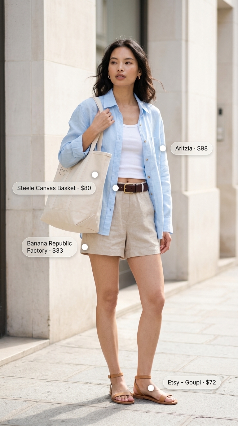Casual Friday summer outfits for women 2026: Beige linen shorts, light blue linen shirt, tan sandals, canvas tote. Airy style.