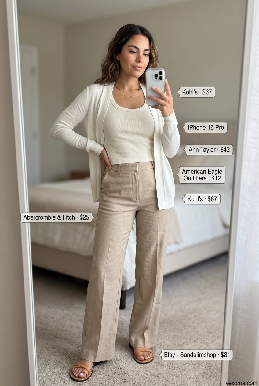Casual Friday summer outfits for women 2026: Beige linen trousers, cream tank, white cardigan, tan sandals, straw tote.