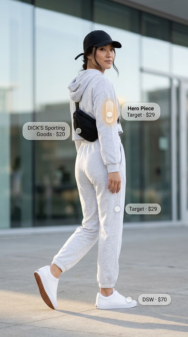Casual Friday summer outfits for women 2026: Grey cropped hoodie & biker shorts matching set, white sneakers, black cap.