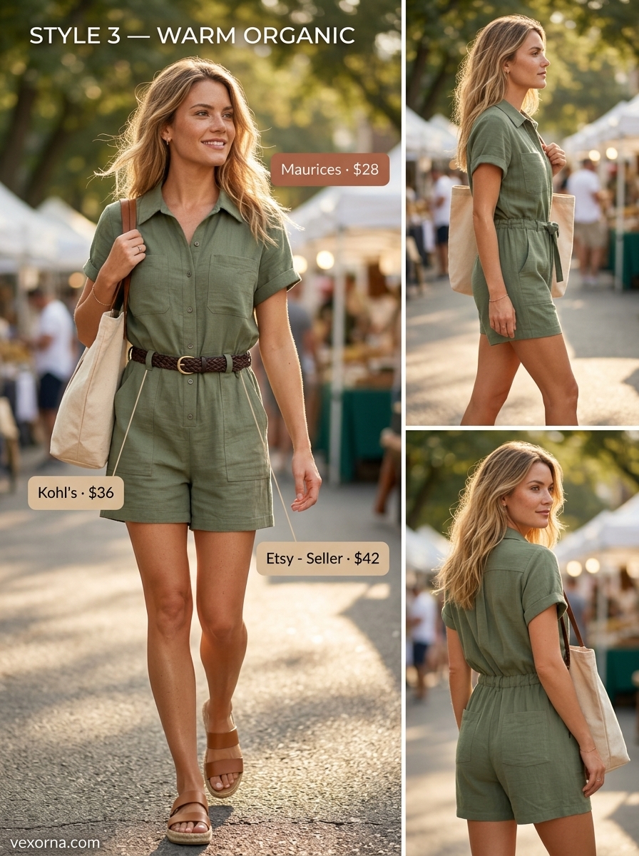 Casual Friday summer outfits for women 2026: Olive utility romper, tan espadrilles, canvas tote, brown belt. Practical chic.