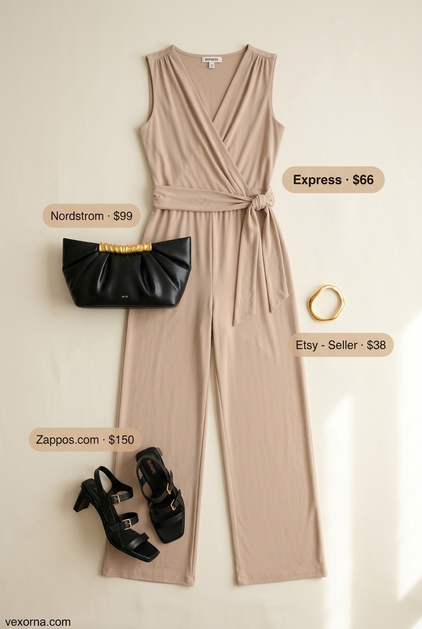 Casual Friday summer outfit for women 2026: Stone beige jumpsuit, black sandals, gold cuff.