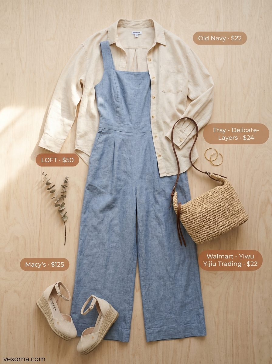 Casual Friday summer outfit for women 2026: Soft blue linen jumpsuit, white shirt, straw bag.