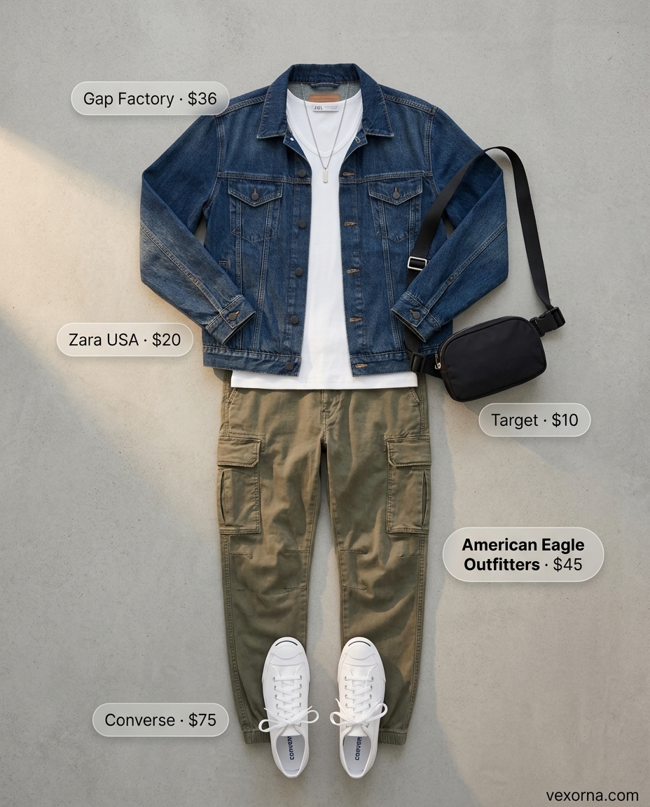 Casual Friday summer outfit for women 2026: Khaki cargo pants, white tank, denim jacket.