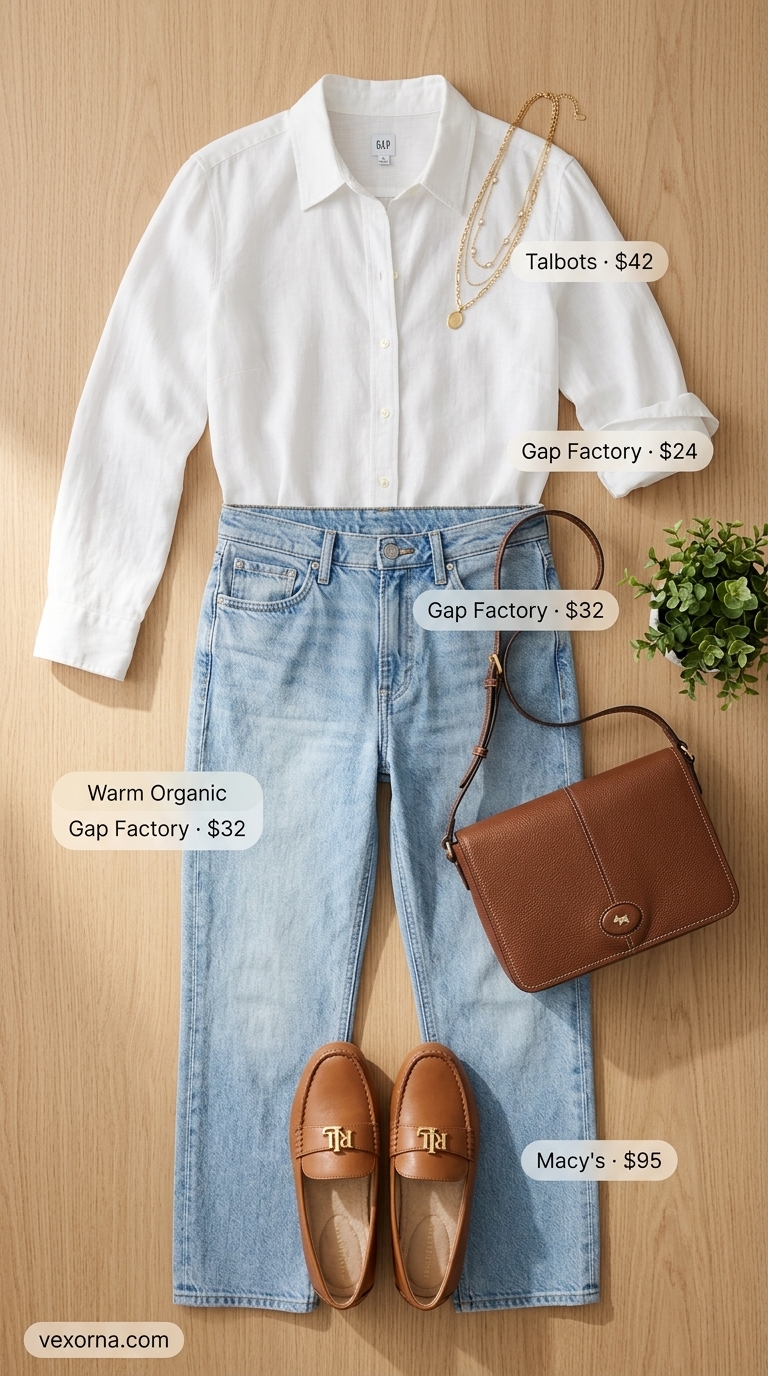 Casual Friday summer outfit for women 2026: Light wash jeans, linen shirt, loafers, crossbody.