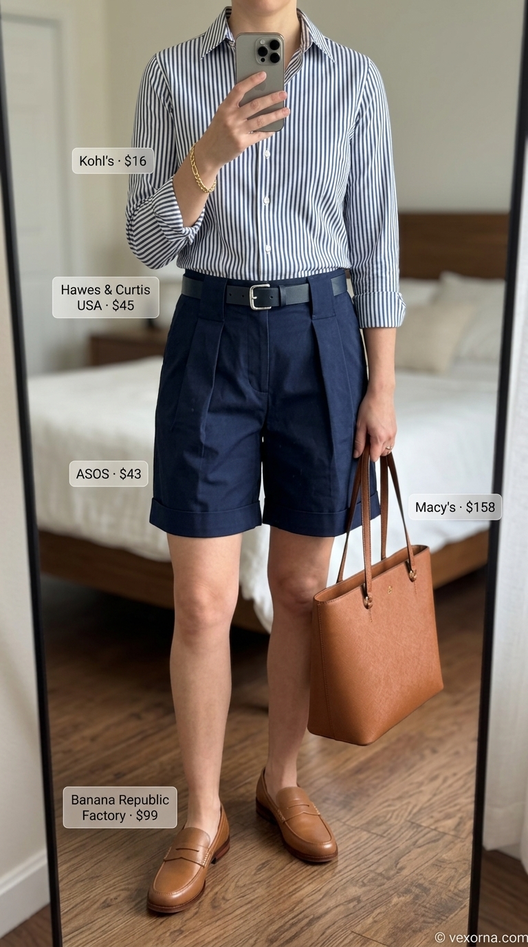Casual Friday summer outfit for women 2026: Navy shorts, striped shirt, tan loafers & tote.