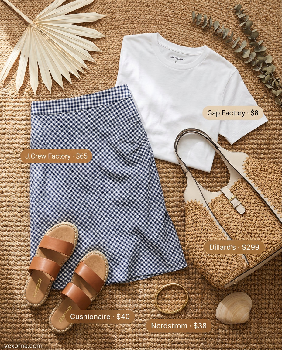 Casual Friday summer outfit for women 2026: Navy stripe midi skirt, white tee, espadrilles.