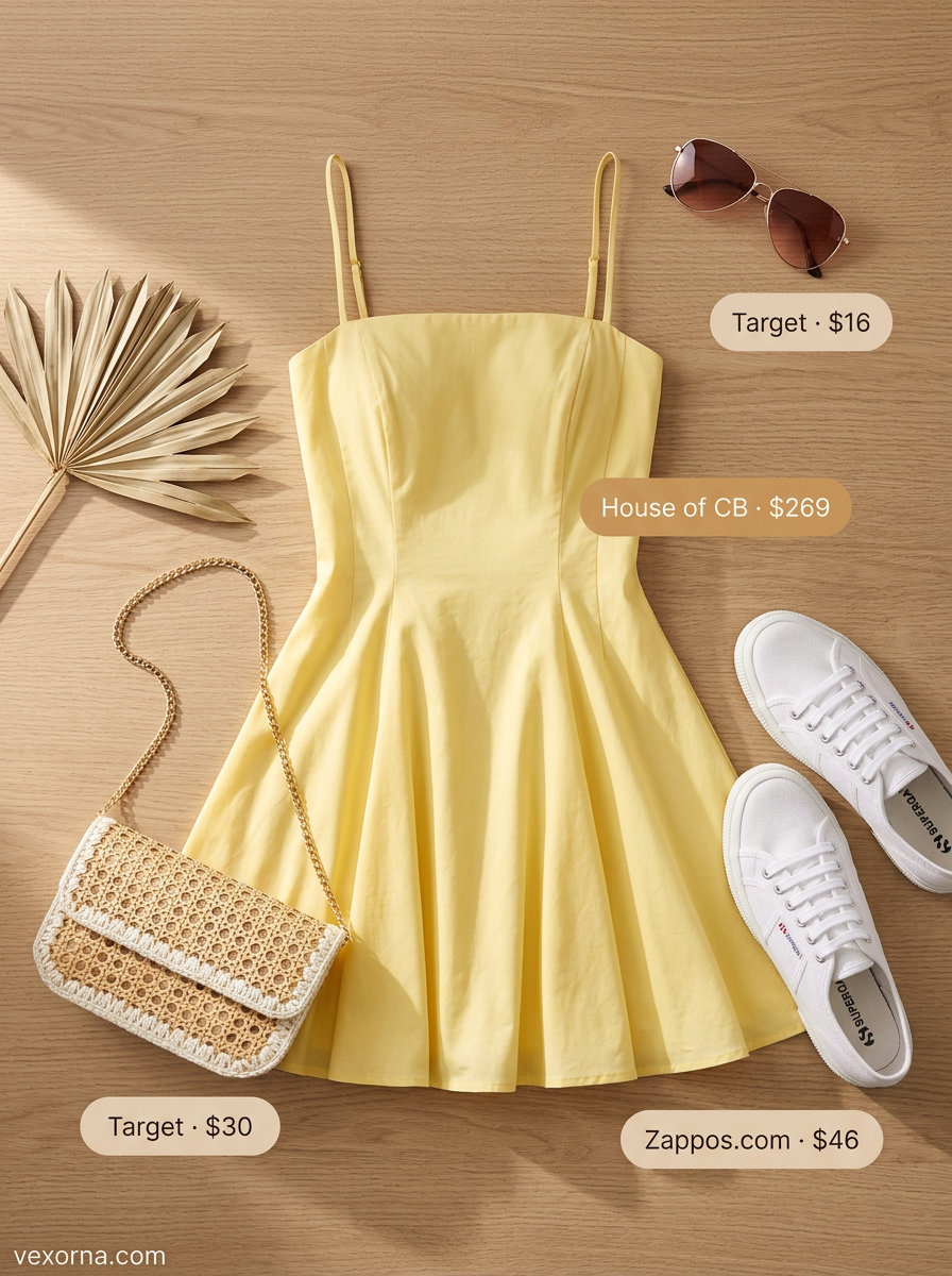 Casual Friday summer outfit for women 2026: Yellow sundress, white sneakers, straw bag.