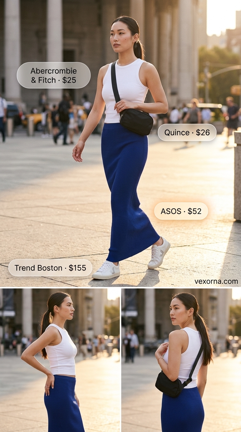 Sporty casual maxi skirt outfit summer 2026: cobalt skirt, white tank, black belt bag, sneakers.