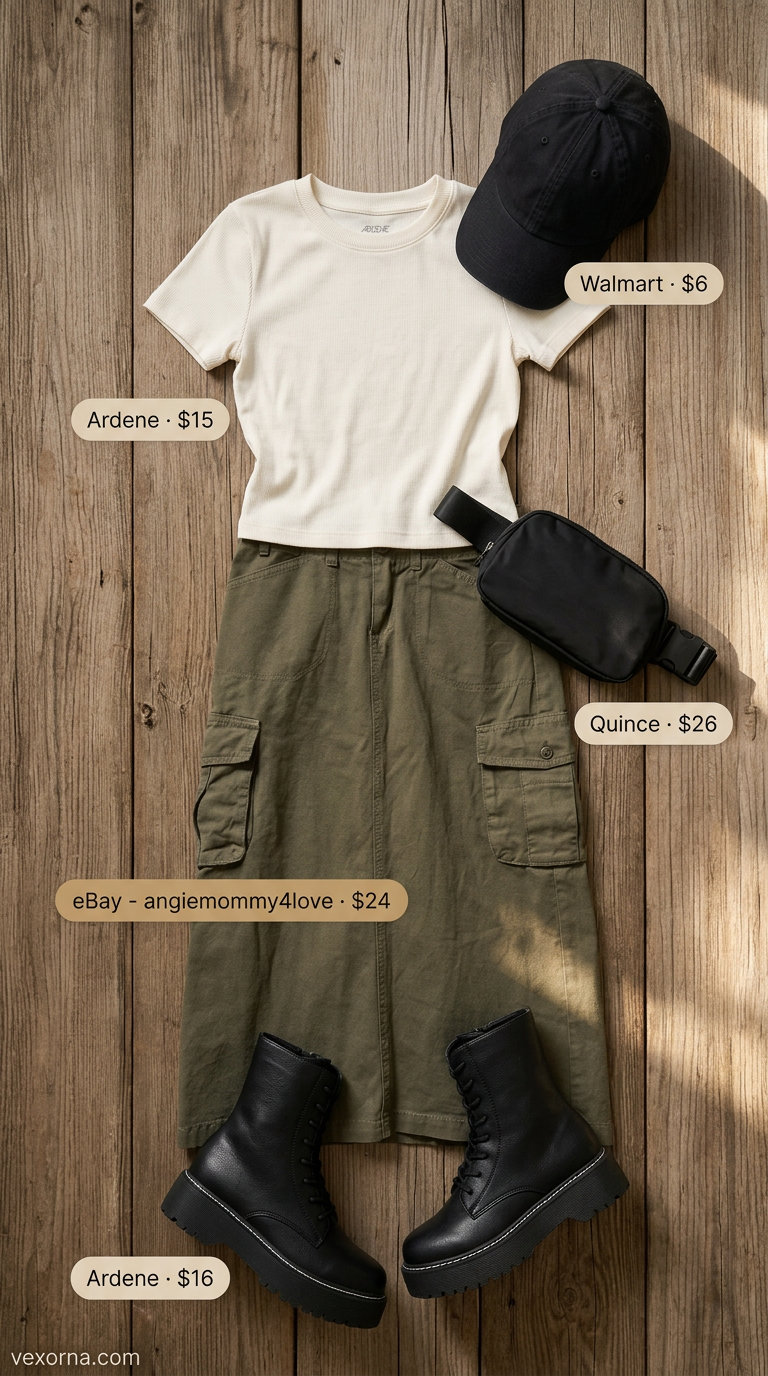 Casual maxi skirt outfits summer 2026: Cargo maxi skirt, cream crop top, combat boots for street style.