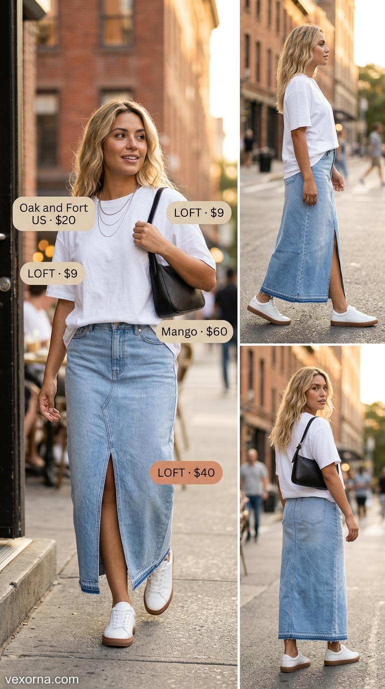 Cool Girl Denim Days: Light wash denim maxi skirt, white tee, sneakers, silver necklaces. Casual maxi skirt outfits summer 2026.