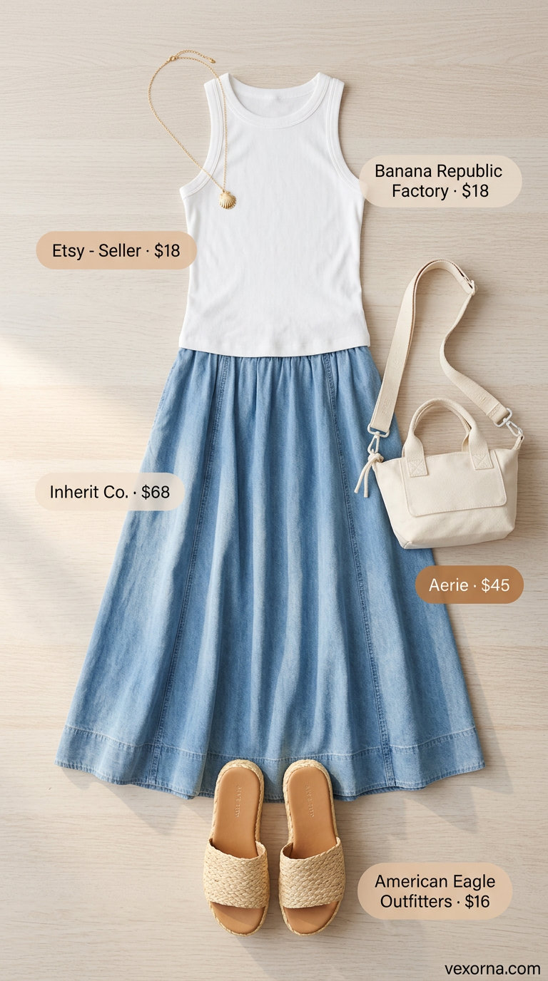 Casual maxi skirt outfits summer 2026: Light denim maxi skirt, white tank, espadrilles for beach day.