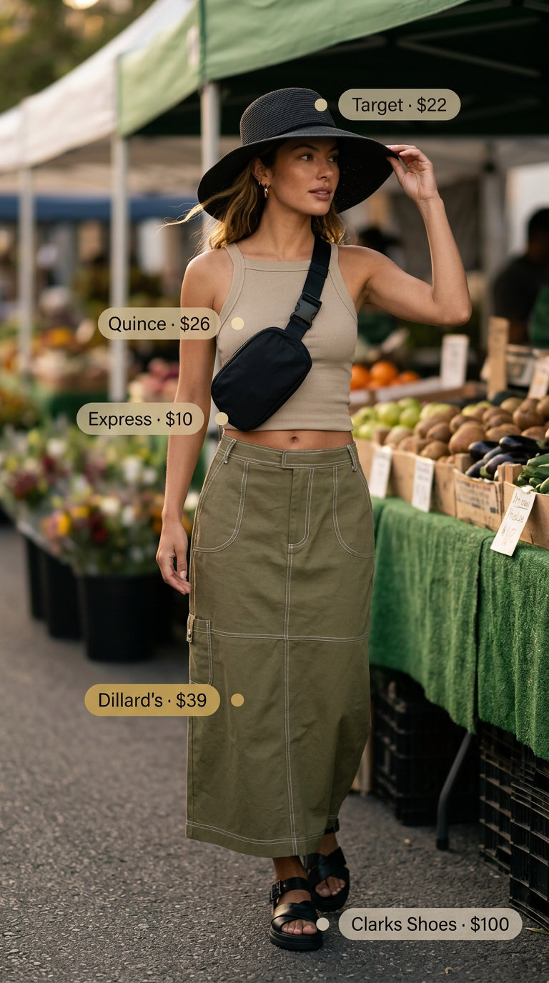 Desert Safari Chic: Olive green cargo maxi skirt, tan tank, black belt bag, sandals & straw hat. Casual maxi skirt outfits summer 2026.