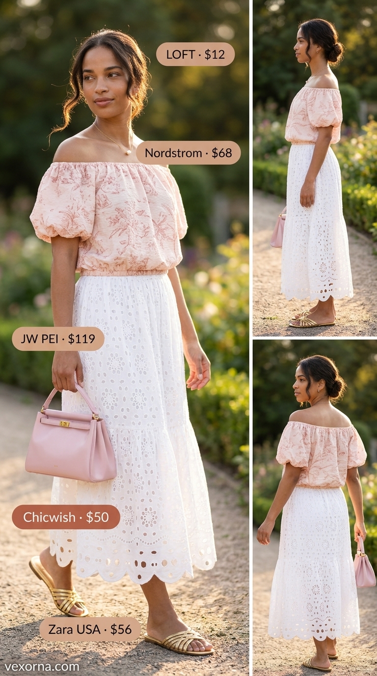 Romantic Eyelet Dream: White eyelet maxi skirt, blush blouse, gold sandals & clutch. Casual maxi skirt outfits summer 2026.