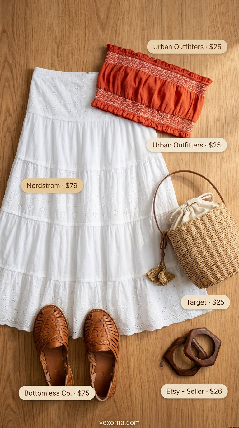 Casual maxi skirt outfits summer 2026: White eyelet maxi skirt, terracotta tube top, braided sandals for festival.