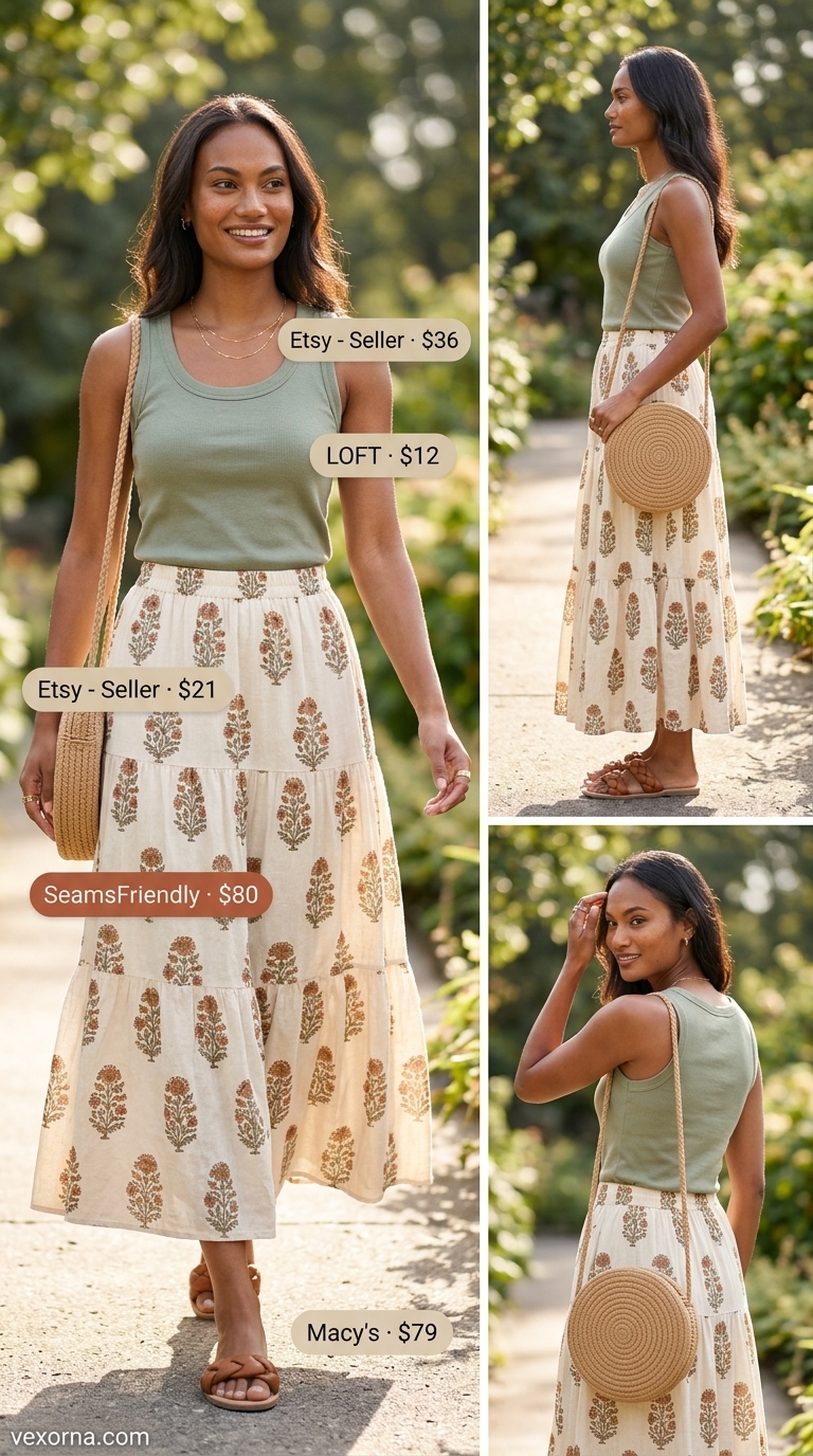 Casual maxi skirt outfits summer 2026: Floral maxi skirt, olive tank, straw crossbody for garden picnic.