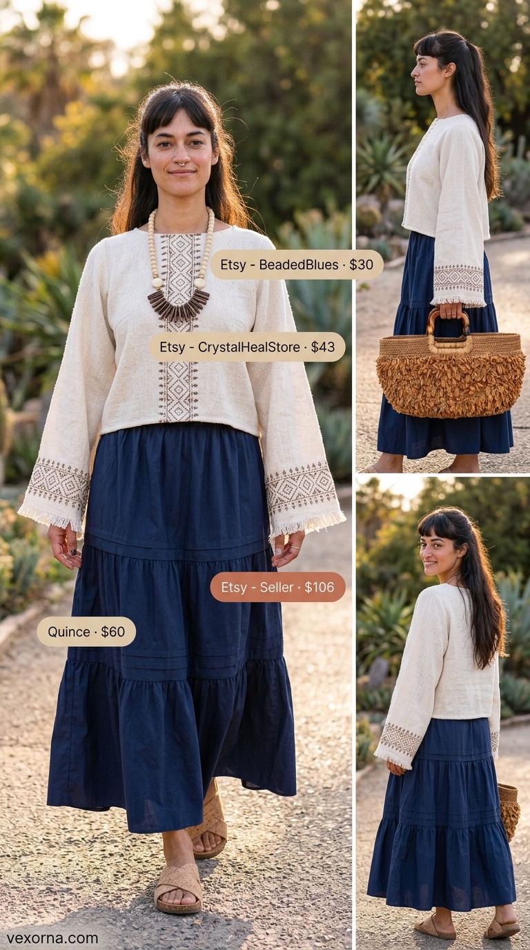 Casual maxi skirt outfits summer 2026: Indigo linen maxi skirt, peasant blouse, raffia tote for picnic.