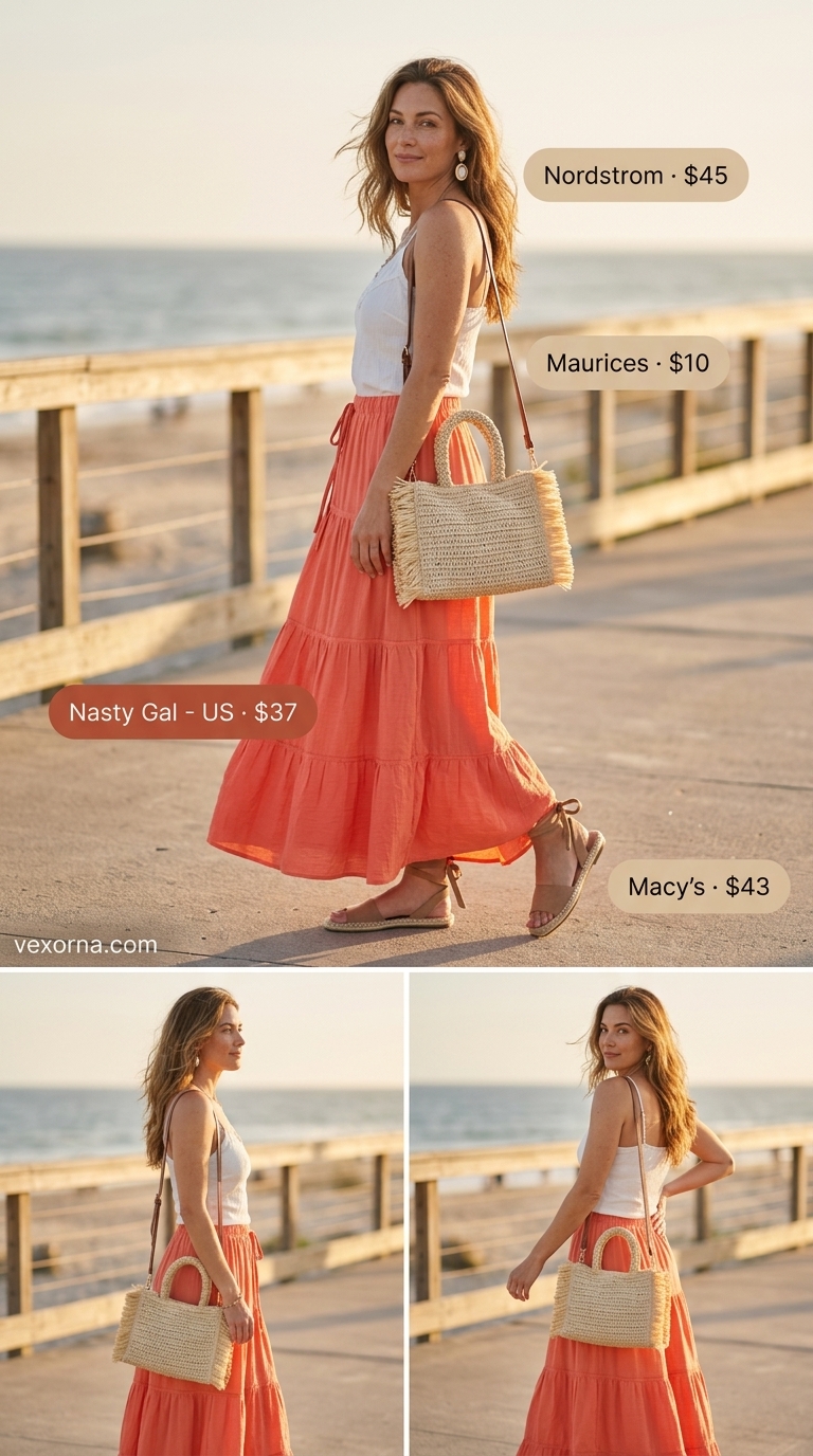 Sunset Island Breeze: Coral crinkle maxi skirt, white camisole, espadrilles, raffia bag. Casual maxi skirt outfits summer 2026.