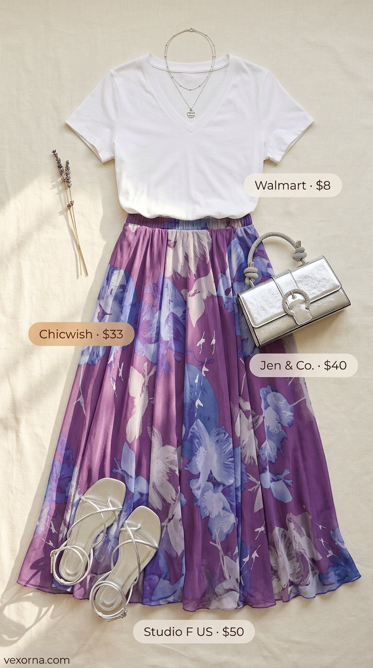 Lavender Haze Dream: Lavender floral maxi skirt, white tee, silver sandals & clutch. Casual maxi skirt outfits summer 2026.