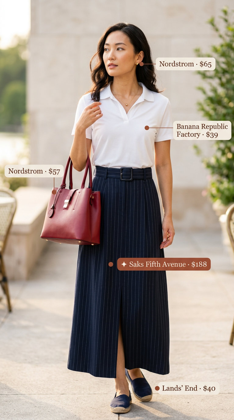 Nautical casual maxi skirt outfit summer 2026: striped skirt, white polo, red bag & espadrilles.