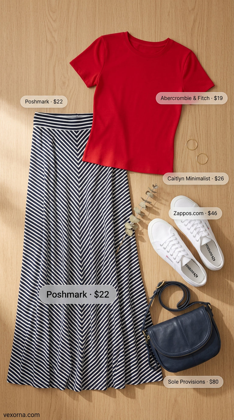 Casual maxi skirt outfits summer 2026: Navy stripe skirt, red tee, white sneakers for weekend getaway.