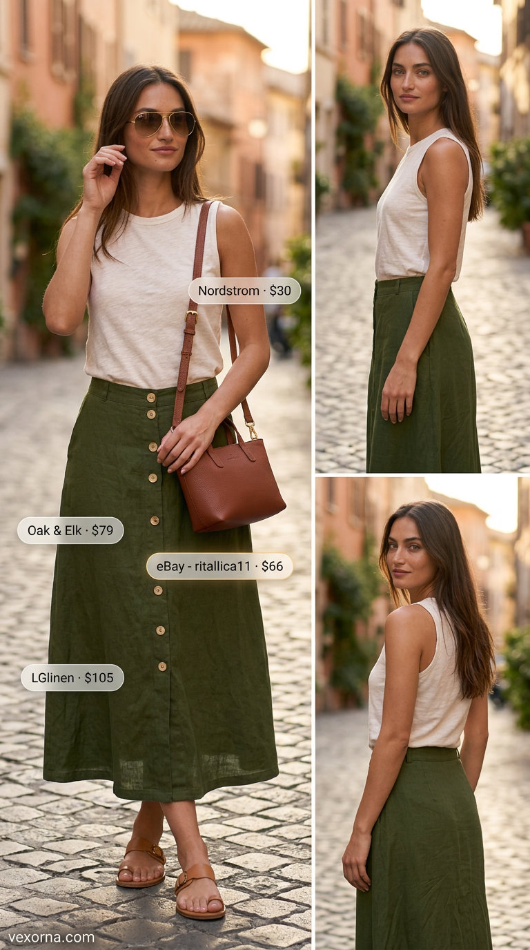 Safari Summer Chic: Khaki green A-line maxi skirt, off-white tank, cognac bag & sandals. Casual maxi skirt outfits summer 2026.