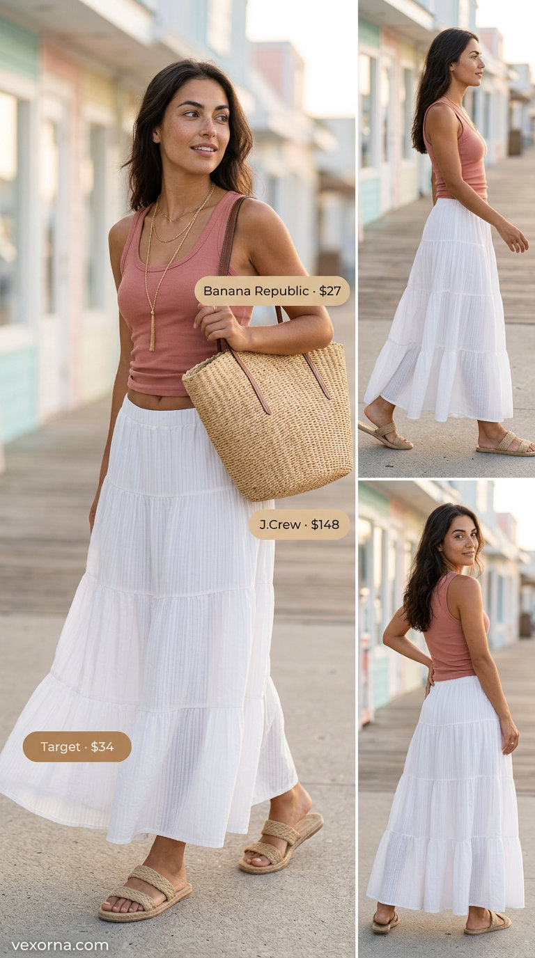 Bohemian casual maxi skirt outfit summer 2026: cream skirt, terracotta tank, straw bag.